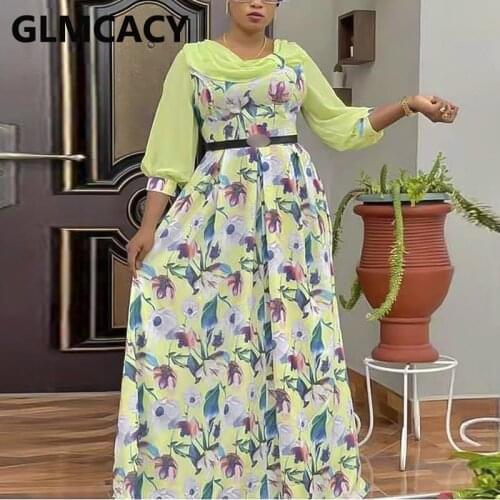 Plus Size Floral Printed Patchwork Maxi Dress Elegant Church Party Long Dress Robes