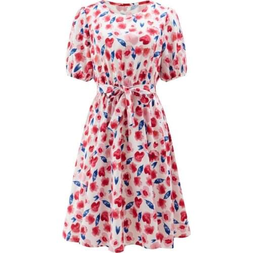 Women Elegant Puff Short Sleeve Party Dress Fashion Lady Floral Print Beach Mini Dress Casual Button O Neck Summer Dresses