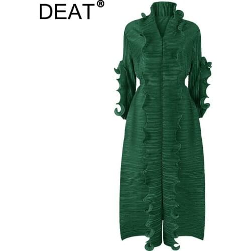 DEAT Woman Pleated Dress Oversized Elastic With Sashes Ruffles Long Sleeve Lapel Casual Style 2021 New Summer Clothing HT675