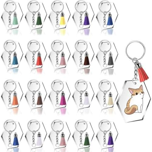 Acrylic Transparent Discs Clear Acrylic Hexagon Keychain Blanks with 30Pcs Key Chains, 30Pcs Colorful Tassel Pendants
