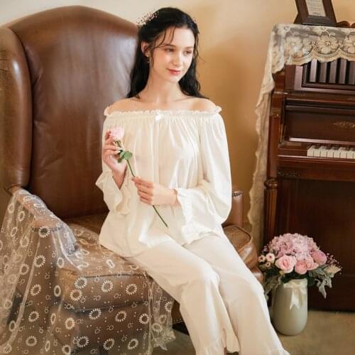 White Women Sleep Nightwear Pajama Sets Sleepwear Suit Luxury Nightgown 2 Pieces Homewear Classical Slash Neck