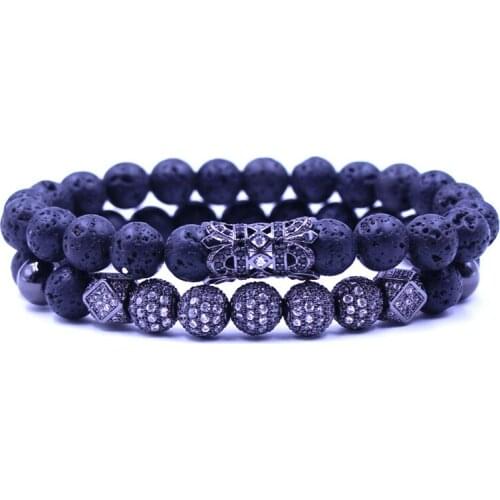 2019 Unisex Fashion 8mm Natural Stone Beads Bracelet Bangle Micro Inset Zircon Alloy Accessories Elastic Rope 2/Set Bracelet