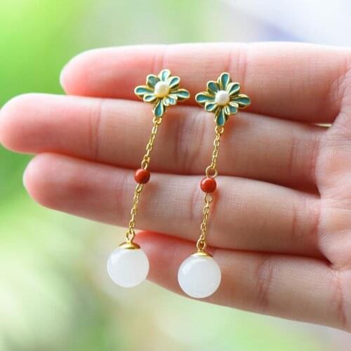 Natural Hetian White Jade Ball Bead Earrings S925 Silver Inlaid South Red Embellished Sweet Fairy Valentines Day Gift Simple