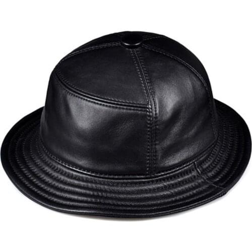 Korean Fashion ACC Unisex Genuine Leather Bucket Hats Men Women Casual Fishing Caps Male Fitted Black Basin Cap Sombrero Mujer