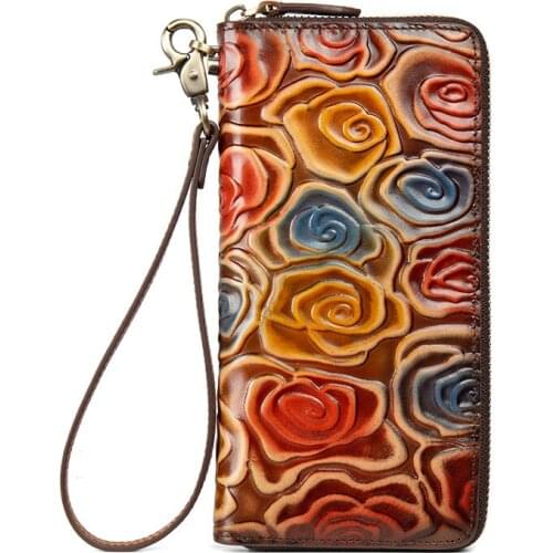 New Retro RFID Blocking Wristlet Genuine Leather Women Wallet Long Lady Purse Clutch Female Leather Wallet Passport Purse