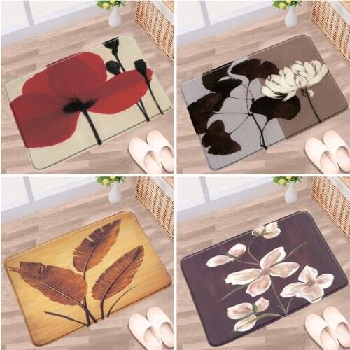 Floral Bathroom Mat Red Poppy Flower Palm Leaf Flower Plant Pattern Non-slip Rugs Flannel Home Decor Bath Kitchen Doorway Carpet