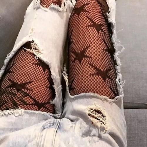 Cool Star Printed Fishnet Tights Hollow Out Sexy Mesh Pantyhose Punk Pattern Pantyhose Black Women Nightclub Tights Stockings