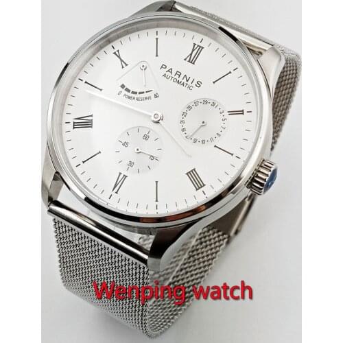 Parnis mens watch 42mm white dial Bracelet Power reserve 5ATM ST1780 Automatic movement wrist watch men