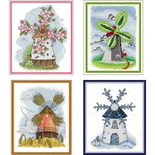 Four Seasons Windmill Pattern Cross Stitch Kit 14ct 11ct White Canvas Embroidery DIY Manual Needlework Home Decoration Painting