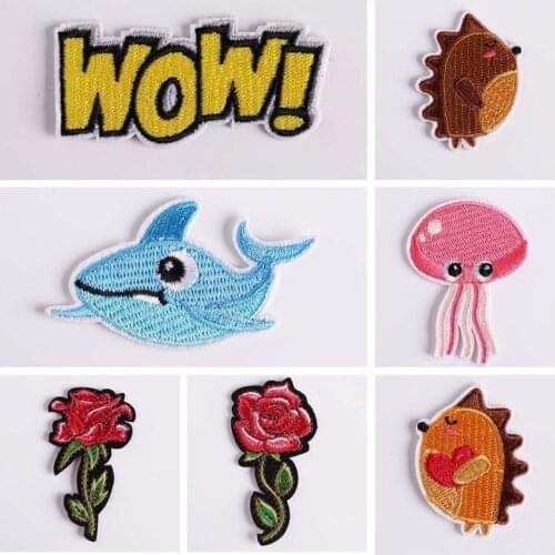 Cartoon WOW Letter DIY Decoration Clothes Stickers Iron On Embroidery Rose Shark Jellyfish Patches Wholesale Coat Jeans Badges