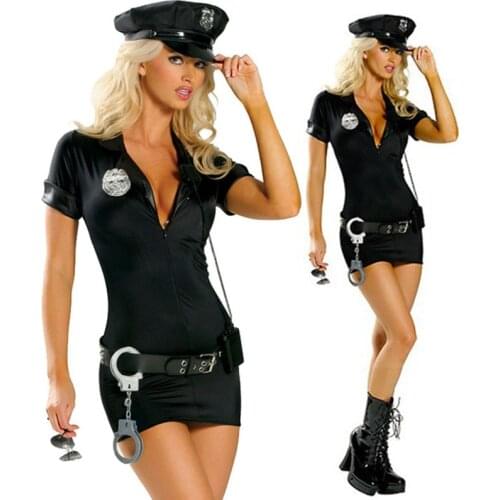 New fashion XXL Sexy Black Cop Officer Costume Ladies Policewomen Cosplay Uniform Police Women Fancy Dress Outfit disfraz mujer