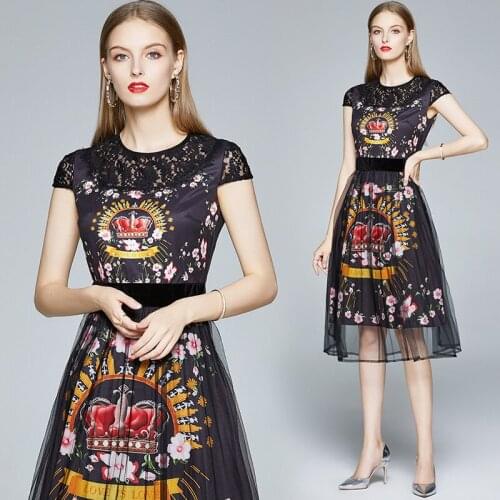 New Summer Runway Vintage Print Crew Neck Cap Sleeve Empire Waist Women Ladies Party Casual Party A-Line Midi Dress