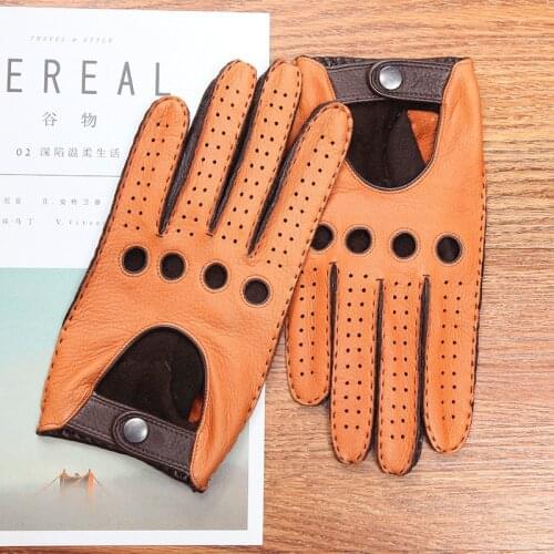 Genuine Leather Mens Gloves Anti-Slip Driving Breathable High Quality Real Deerskin Gloves Male Two Tones Brown Camel DQ0133M