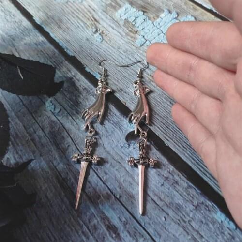 Silver Plated Witchy Victorian Hand Earrings-Occult-gothic-hands-Sword -Dagger-athame-Knife-goth-blade-lady Hands
