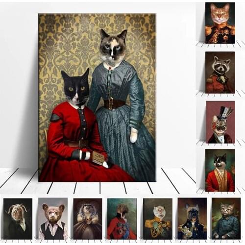 Retro Canvas Paintings Fuuny Cat Dog Animal Dress Up Uniform Art Abstract Canvas Painting Posters and Prints Wall Art Home Decor