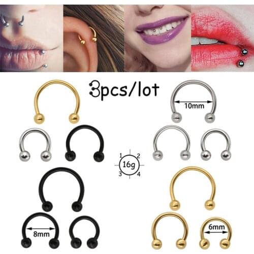 3PC Hoop Nose Ring Piercing Lip Septum Stainless Steel Ear Tragus Cartilage Earring Eyebrow Horseshoes Circular Body Jewelry 16G