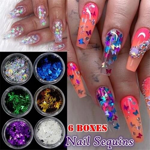 Random Color 6 Box/Set 3D Mirror Metal Butterfly Nail Sequins Holographic Nail Glitter Thin Sparkly Flakes Nail Art Decoration