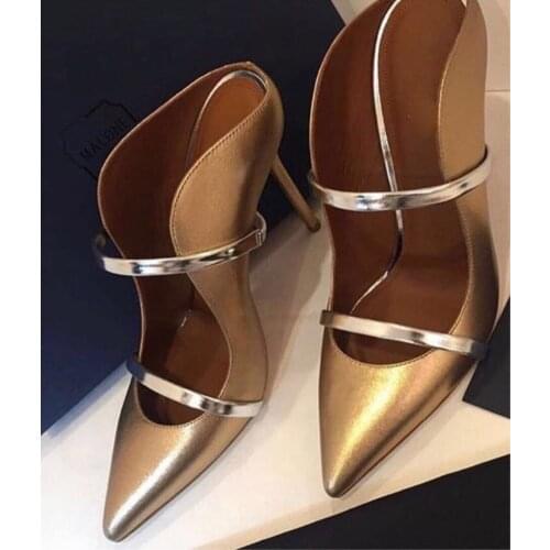 Women Top Brand Gold Pointed Toe Stiletto Heel Pumps Shallow Cut Strap Patchwork Banquet Party Shoes Wedding Pumps Sexy Slippers