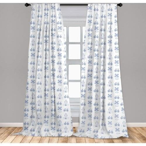 Bicycle Curtain for Kids Rooms Dutch Ornament Drawings in Blue Windmill Narrow House Bicycle Topiary Tree Window Drapes