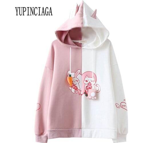 Women Spring Patchwork Hooded Sweatshirt Casual Caroon Rabbit Print Loose Long Sleeve Sweet Style Girl Casual Pullovers