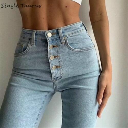 2020 Spring Summer High Waist Jeans for Woman Button Fly Fashion Streetwear Vintage Skinny Jean Femme Slim Black Blue Denim Pant