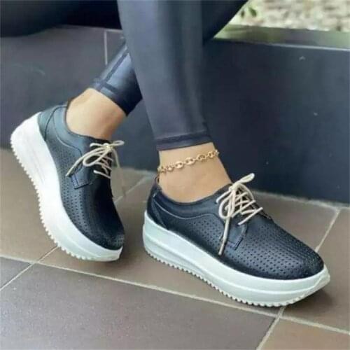 2021 Womens Shoes Fashion Casual Solid Color PU Hollow Breathable Round Toe Strap Flat-heeled Platform Comfortable Sneakers
