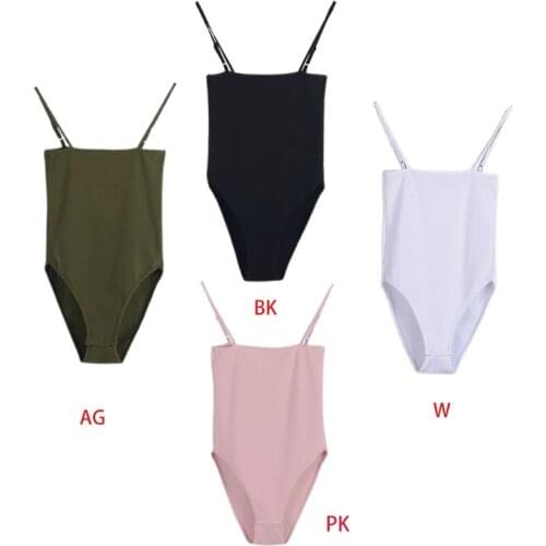 Women Sexy Spaghetti Strap Camisole Bodysuit Off Shoulder Sleeveless Basic Leotard Simple Solid Color Bodycon Jumpsuit