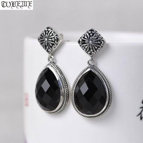 Handmade 100% 925 Silver Onyx Earrings Vintage Sterling Silver Bohemia Earrings Pure Silver Women Drop Earrings