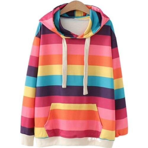 Merry Pretty Women Rainbow Color Striped Print Hooded Sweatshirts 2020 Winter Long Sleeve Drawstring Pockets Hoodies Pullovers
