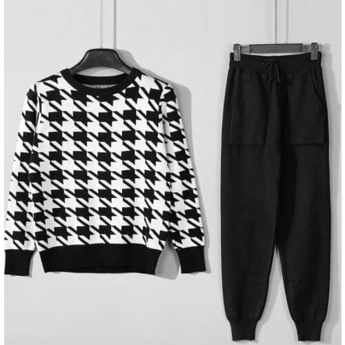 New Plaid Print knitted Two Piece Sets Women Long Sleeve Houndstooth Print Pullover Sweater Outfits Harem Carrot Pants Tracksuit