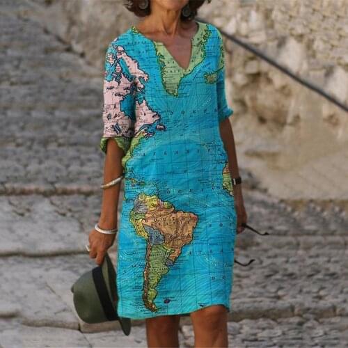 World Map 3D Printed Womens Dress Vintage Loose Short Sleeve Dress 2021 Summer Casual Dresses For Women Vestido Verano Mujer