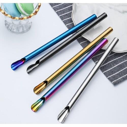 1pcs Drinking Straw Reusable Metal Straw Set Bubble Tea Straws 304 Stainless Steel Smoothie Milk Shake Straws Stirring Spoon