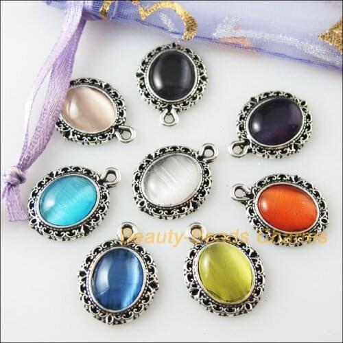 16 New Retro Charms Tibetan Silver Stone Oval Pendants Mixed 13.5x18mm