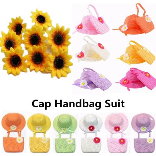 2Pcs/Set Summer Breathable Princess Hats Bags Outdoor Camping Sunshading Flower Straw Beach Hats Cap Handbag Suit 8 Colors