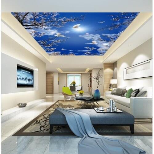 3D Photo Wallpaper For Living Room Ceiling Decoration beautiful cherry blossom blue sky white dove ceiling mural