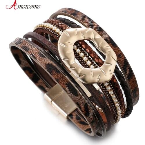 Amorcome Leopard Bracelet for Women Female Wrap Multi-Layer Snake Skin Leather Bracelet Magnetic Clasp Cuff Bangle Femme Jewelry