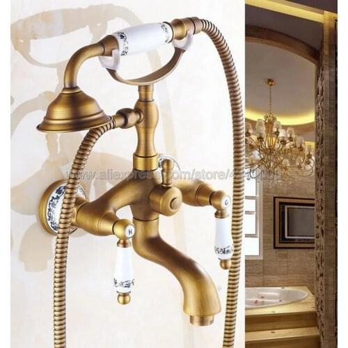 Antique Brass Ceramic Handles Bathtub Faucets Bathroom Basin Mixer Tap With Hand Shower Head Bath & Shower Faucet Ktf310