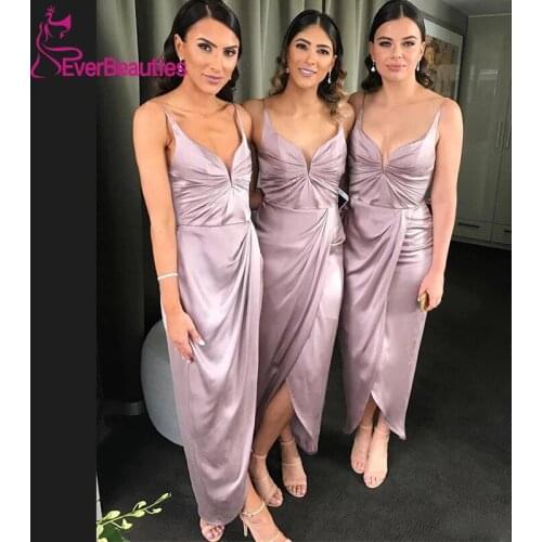 Satin Bridesmaid Dresses 2020 V-Neck Spaghetti Straps Maid of Honors Dress For Wedding Party Split Robe De Soirée De Mariage