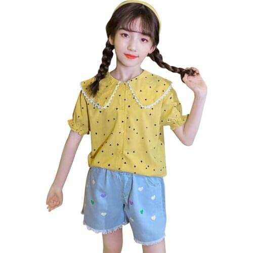 Kids Clothes Girls Heart Tshirt + Denim Skirt Teenage Girls Clothing Summer Girl Outfit Casual Style Childrens Clothing