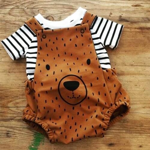 0-3T Newborn Kid Baby Boy Girl Clothes set Cute Bear Cartoon Sunsuit Stripe T-shirt Top and Bib Pants Overalls Cotton Outfits