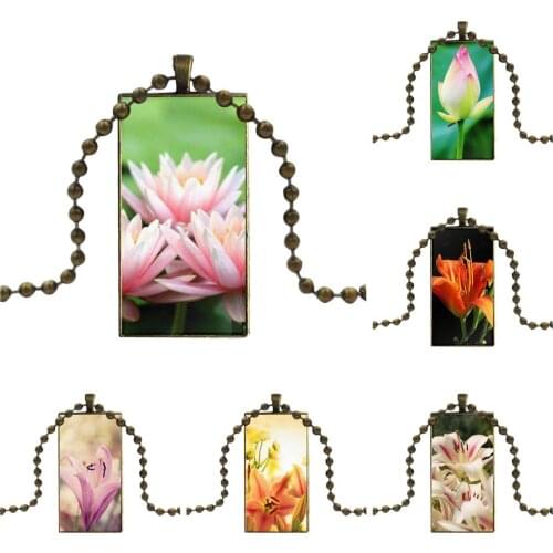 For Women Gift Design Fashion Vintage Glass Women Rectangle Necklace Pendants Bright Amazing Lily Flower Nice Beautiful Flowers