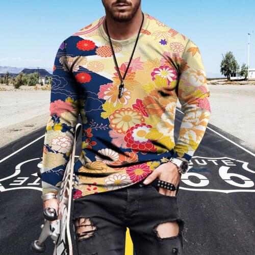 New Casual Flower Printed T-shirt Men Street Loose Long Sleeve Shirt Retro Hip Hop Wild Fashion Summer T Shirt Men 2022 Hot Sal