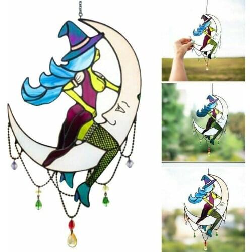 Halloween Witch On Moon Ornament Stained Glass Door Window Hangings Decor Wind Chimes Home Creative Pendant