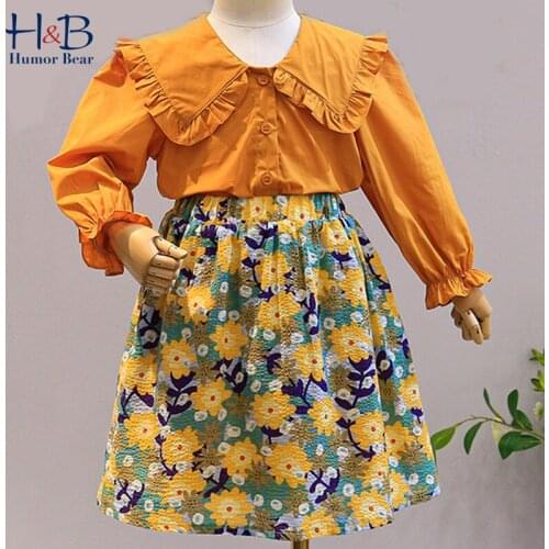 Humor Bear Girls Clothing Sets Autumn New Long Sleeve Shirt+ Floral Printed Skits 2Pcs Casual Toddler Clothes