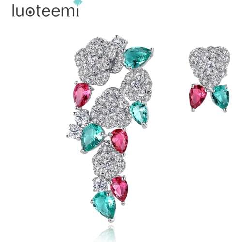 LUOTEEMI Unique Bohemia Stylish Multi Waterdrop CZ Rose Flower Shape Stud Earrings for Women Fashion Jewelry Brinco Gift