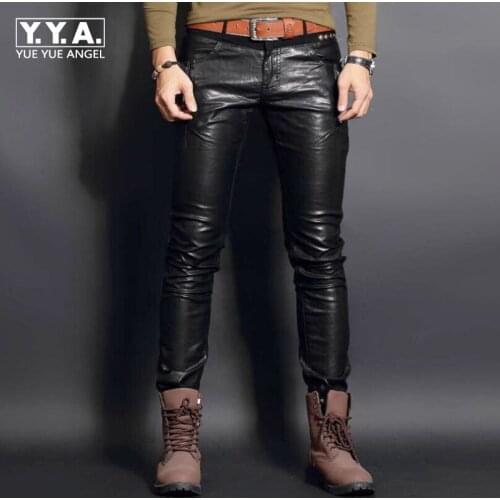 Top New Fashion PU Leather Mens Pants Trousers Motorcycle Europe Punk Man Slim Fit Trousers Male Trousers Plus Size 28-36