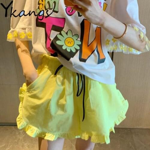 Ruffle Solid Drawstring Casual Joggers Women Street Loose Shorts Harajuku Casual Baggy Korean Clothes Shorts Ladies Sweatshorts