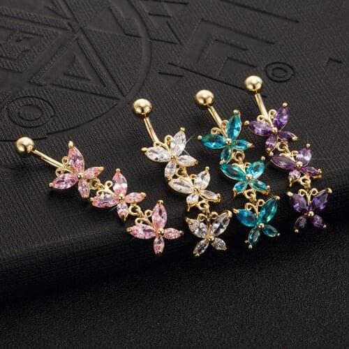 Charming Butterfly Surgical Steel Belly Button Piercings Gold Metal 4 Color Zircon Navel Piercing Accessory Piercing Ombligo