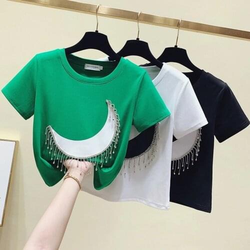 2021 Summer Crop Tops Cotton Tees Tassels T Shirt Women Clothes White Short Sleeve T-shirt Beading Short Tops Shirt Patchwork