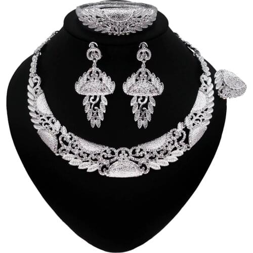 Yulaili Rhinestone Crystal Leaf Shape Necklace Earrings Bracelet Ring Jewelry Sets Bride Wedding Party Dubai Jewelery Set